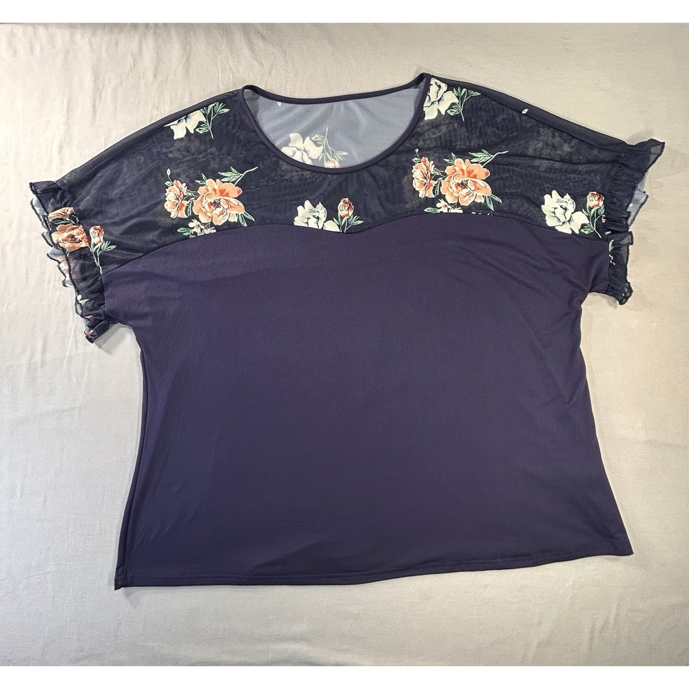 SHEIN Curve LUNE Plus floral print flounce sleeve tee navy Women's XXXL / 3XL